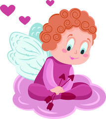 Amur baby  in pink sits on a cloud. Vector illustration for February 14 Valentine's Day. Baby Cupid, little angel