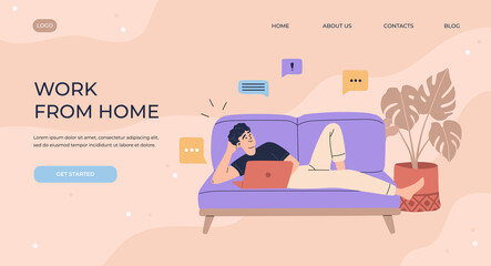 Freelancer man lies on sofa and working with laptop in relaxed, comfortable apartment. Remote job or study workplace, landing page and quarantine concept. Flat cartoon illustration in violet colors