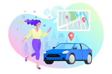 Woman ordering taxi car, rental and sharing Online using mobile service application. Woman searching for cab on city map. Vector illustration. © 365 days studio