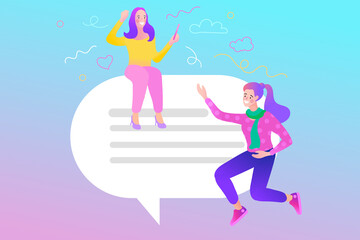 People chatting in the smartphone screen, virtual relationship. Social Media Online Connection Concept. People watching a live streaming. Social media influencer at work. Flat vector illustration.