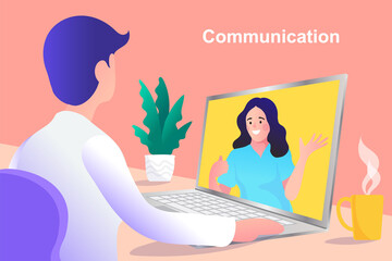 vector employee talk on video call on laptop with diverse colleagues. video conferencing at home man having video call meeting with clients at home.