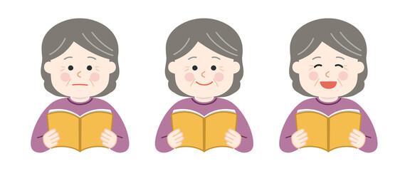 Elderly woman holding open books and reading with different expressions. Vector illustration isolated on white background.