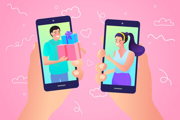 Couple chat on a cell phone. Girl communicates on the phone. Online chat man and woman. social network concept. Chat easily landing page website. illustration vector flat design.
