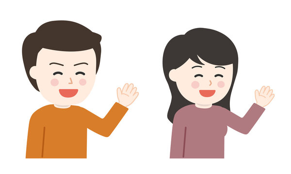 Young Couple Saying Hello To Someone With Gestures. Vector Illustration Isolated On White Background.