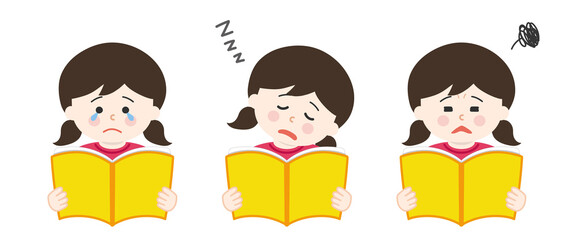 Girl holding open books and reading with different expressions. Vector illustration isolated on white background.