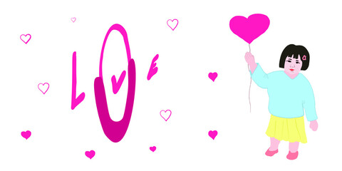 Valentines card with hand drawn pink text love you pink hearts around and little Chinese girl with big balloon heart in her hand. vector illustration on white background
