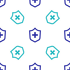 Blue Shield icon isolated seamless pattern on white background. Guard sign. Security, safety, protection, privacy concept. Vector.
