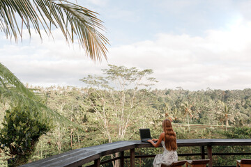  Freelance concept, digtal nomad in tropical country. Back view woman sit in cafe and work with...