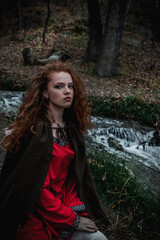 Fototapeta premium Red-haired woman in a red dress in a historical Celtic costume in the autumn forest