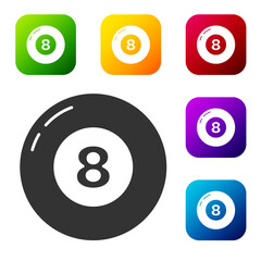 Black Billiard pool snooker ball icon isolated on white background. Set icons in color square buttons. Vector.