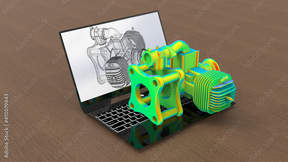 Poster 3d rendering - computer aided design on a laptop concept