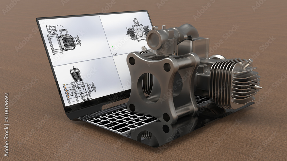 Poster 3d rendering - mechanical design engineer job on a laptop