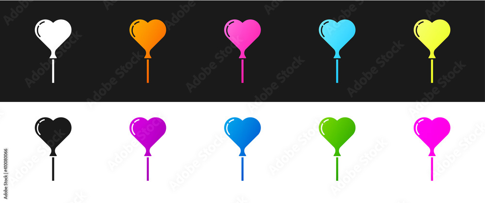 Poster set balloons in form of heart with ribbon icon isolated on black and white background. vector.