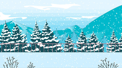 Illustration of a winter forest and mountains