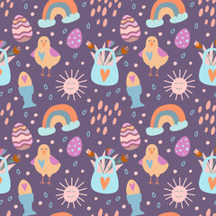 Vector illustration, seamless pattern on the theme of Easter. Colored eggs and rainbow with sun and chicken. Poster, postcard, congratulations.
