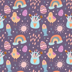 Gordijnen Vector illustration, seamless pattern on the theme of Easter. Colored eggs and rainbow with sun and chicken. Poster, postcard, congratulations. © Olga Shelukhova