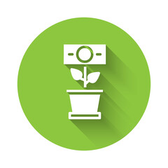 White Money plant in the pot icon isolated with long shadow. Business investment growth concept. Money savings and investment. Green circle button. Vector.