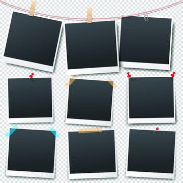 Set of square frames isolated on transparent background. Photo frames on the wall with sticky lines and paper clips. Vector illustration
