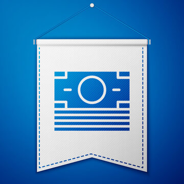 Blue Stacks paper money cash icon isolated on blue background. Money banknotes stacks. Bill currency. White pennant template. Vector.