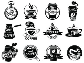 Big collection of coffee logos icons isolated on white background. Different designs of icons for the menu in the coffee shop. Vector illustration
