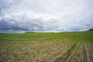 Fototapeta na wymiar Wide panoramic agriculture cloudy landscape.