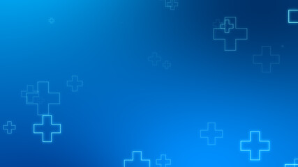 Medical health blue cross neon light shapes pattern background. Abstract healthcare technology and science concept.