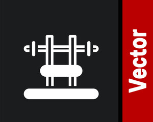 White Bench with barbel icon isolated on black background. Gym equipment. Bodybuilding, powerlifting, fitness concept. Vector.