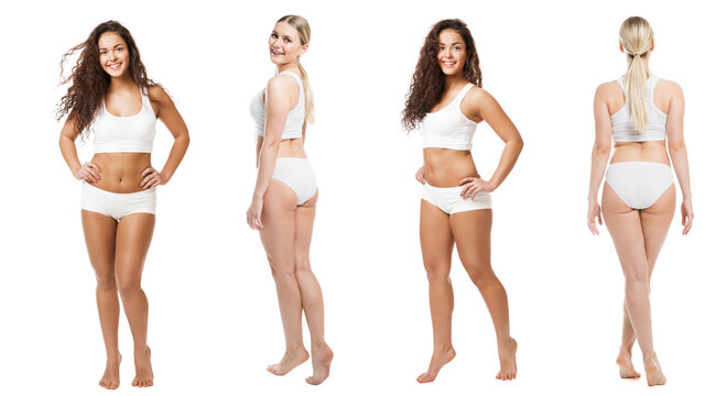 Set of Curvy Beauty Women different Body Plus Size Weight. Diverse Multi Ethnic Skin Color Tan. Body Positive. Isolated White