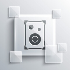 Grey Stereo speaker icon isolated on grey background. Sound system speakers. Music icon. Musical column speaker bass equipment. Square glass panels. Vector.