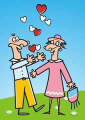 Valentine's day, old man and woman with red hearts, funny vector illustration