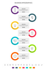 Vector infographics circles with 7 steps, labels. Line chart. Timeline used for diagram, banner, workflow layout, presentations, flowchart, info graph, content, levels, visualization