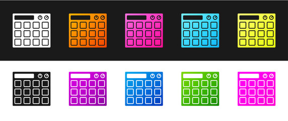 Set Drum machine music producer equipment icon isolated on black and white background. Vector.