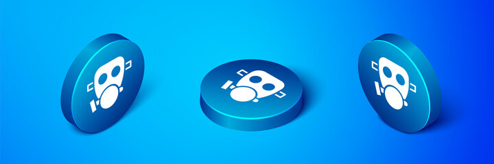 Isometric Gas mask icon isolated on blue background. Respirator sign. Blue circle button. Vector.