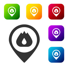 Black Map pointer with fire flame icon isolated on white background. Fire nearby. Set icons in color square buttons. Vector.