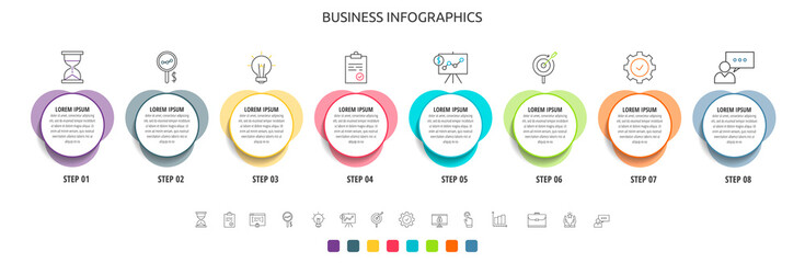 Circles vector line infographic with 8 step, icons. Timeline used for chart, web, banner, workflow layout, presentations, flowchart, info graph, content, levels, chart, processes diagram