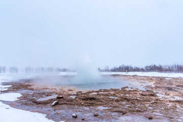 Strokkur at rest in winter. Fountain geyser located in the Haukadalur geothermal area, southwest of Iceland.