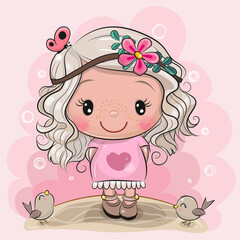 Girl with butterflies and birds on the meadow