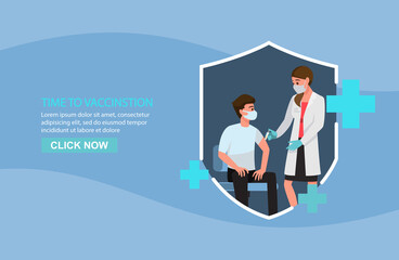 Time to vaccinate concept. People vaccination concept for immunity health. Covid-19. Doctor makes an injection of flu vaccine to man in hospital.,Vector illustration cartoon character