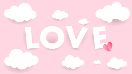 Cloud paper with text LOVE with heart background on pink background. Vector Illustration EPS 10