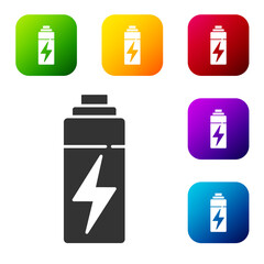 Black Battery icon isolated on white background. Lightning bolt symbol. Set icons in color square buttons. Vector.