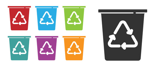 Black Recycle bin with recycle symbol icon isolated on white background. Trash can icon. Garbage bin sign. Recycle basket sign. Set icons colorful. Vector.