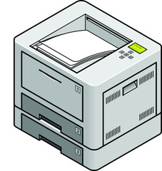 An office laser printer with three trays and a pile of print outs in the output tray.