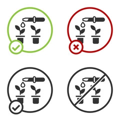 Black Drop of water drops from pipette on plant icon isolated on white background. Medical or agricultural experiments. Fertilizers and pesticides. Circle button. Vector.