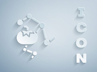 Paper cut Genetically modified food icon isolated on grey background. GMO fruit. Paper art style. Vector.