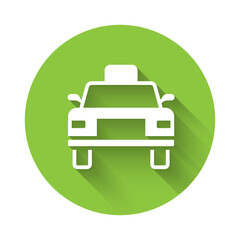 White Taxi car icon isolated with long shadow. Green circle button. Vector.