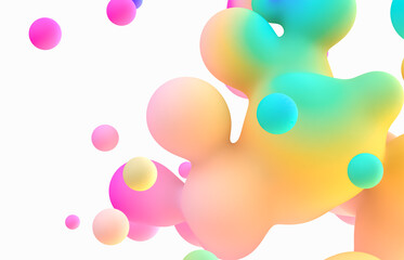 Abstract 3d art background. Holographic floating liquid blobs, soap bubbles, metaballs.