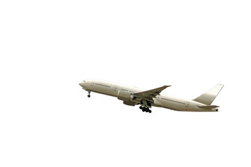 Side view of airplane for commercial passenger or cargo transportation flying isolated on white background with clipping path