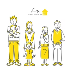 Foto op Plexiglas simple bicolor illustration of happy family, line art, yellow, grey © fumi
