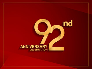 92 anniversary celebration logotype golden color isolated on red color can be use for celebration, invitation, greeting card and special event
