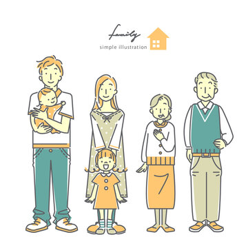 集合写真風の3世代家族のイラスト　シンプルでおしゃれな線画